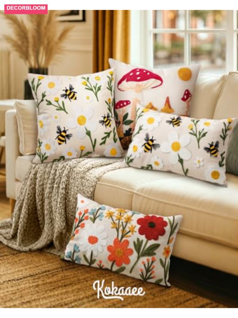 Set of 2 Embroidered Lumbar Throw Pillow Covers 20x12 Invisible Zipper Canvas - Picture 5 of 5